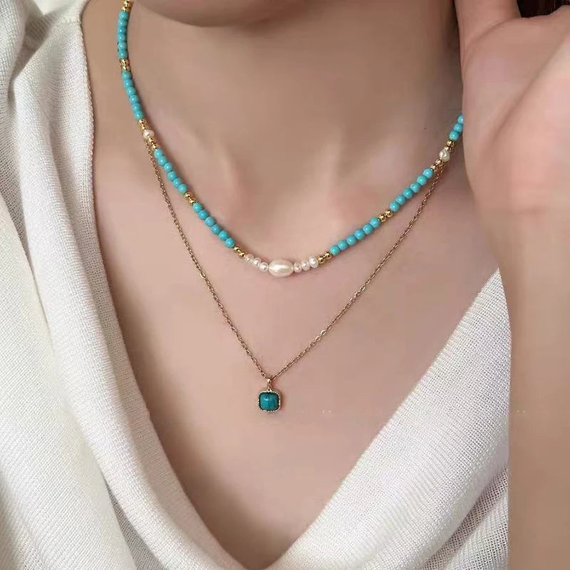 Elegant Double-layer Layered Imitation Turquoise Natural Pearl Beads Necklace Trendy Jewelry For Women's Sexy Collarbone Chain