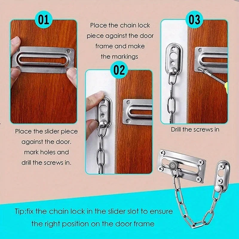 1pc Security Door Chain Home Office Lock Guard Latch Stainless Steel Silver Sliding Fastener For Home Door Lock Hardware