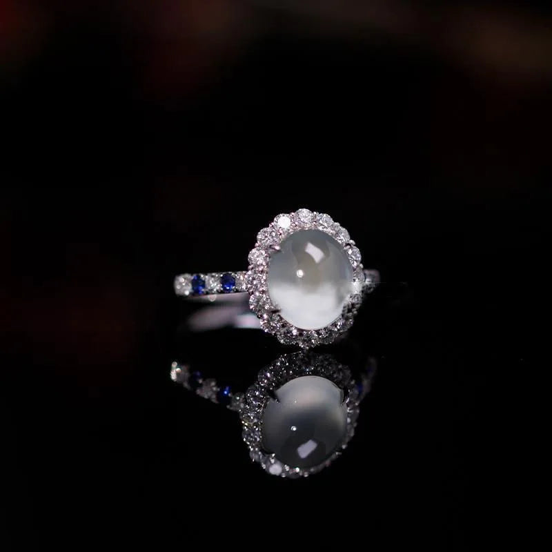 S925 Sterling Silver Natural Moonstone Ring Oval Egg Surface Diamond Ring Holder Party Gifts Fine Jewelry for Women