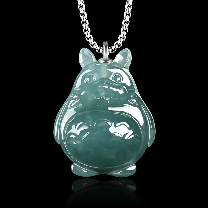 S925 silver Natural Blue Water Jade Cartoon Totoro Pendant Necklace Real Carved Charm Jadeite Jewelry Fashion Amulet Gifts Women