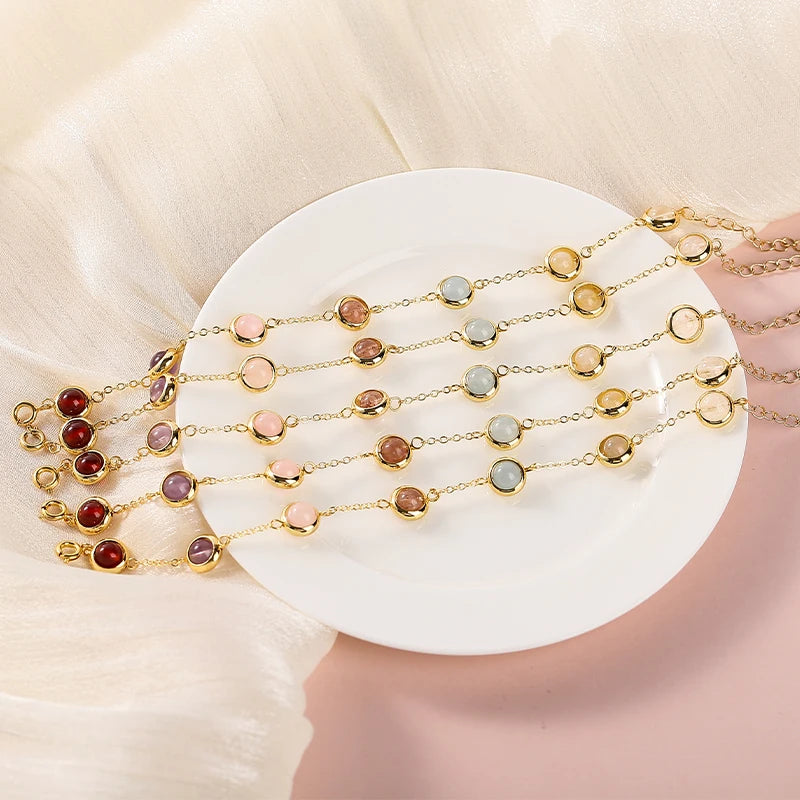 JD Natural Stone Colorful Crystal Lucky Bead Chain Bracelets Women Fashion Simple Adjustable Stainless Steel Healing Jewelry
