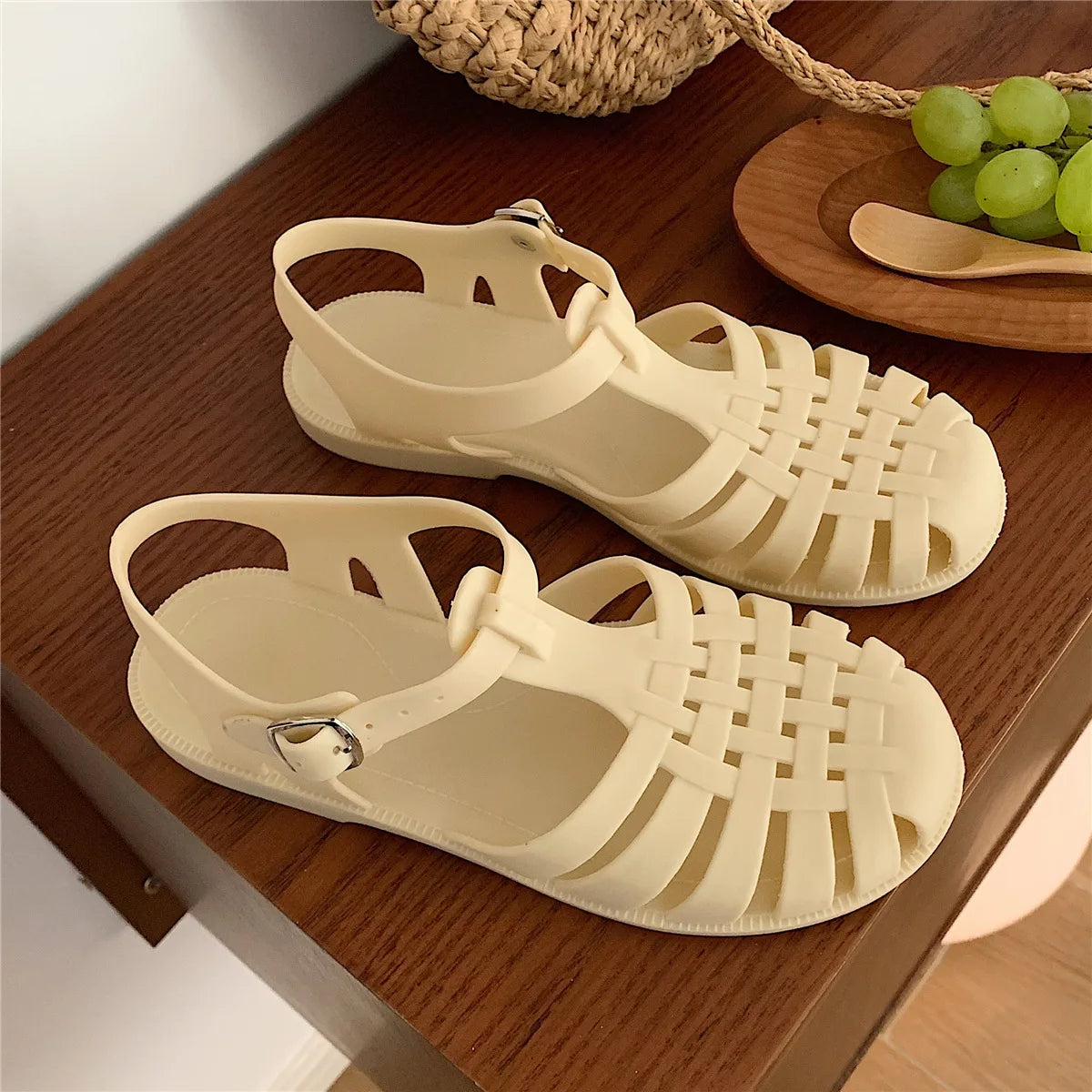 XIXITIAO Vintage Hollow Woven Roman Sandals Women Summer Korean-style INS Fairy Flat Closed-toe Jelly Beach Shoes