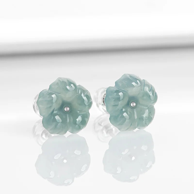 Natural A-grade Jadeite Blue Peach Blossom Earrings With Ice Seed Jade Petals S925 Silver Inlaid Antique Style Women's Jewelry
