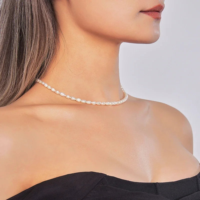 HENGSHENG Small Size 4.5-5.5mm Natural Freshwater White Pearl Necklace Rice Shape Fashion S925 Silver Jewelry for Women Girls