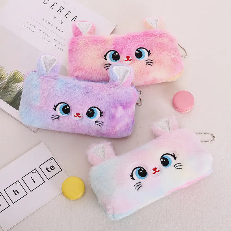 1/5/10PCs Plush Cartoon Pencil Case Cute Cat Pencil Pouch Large Capacity Pencil Bag Stationery for Girls Kids Back to School