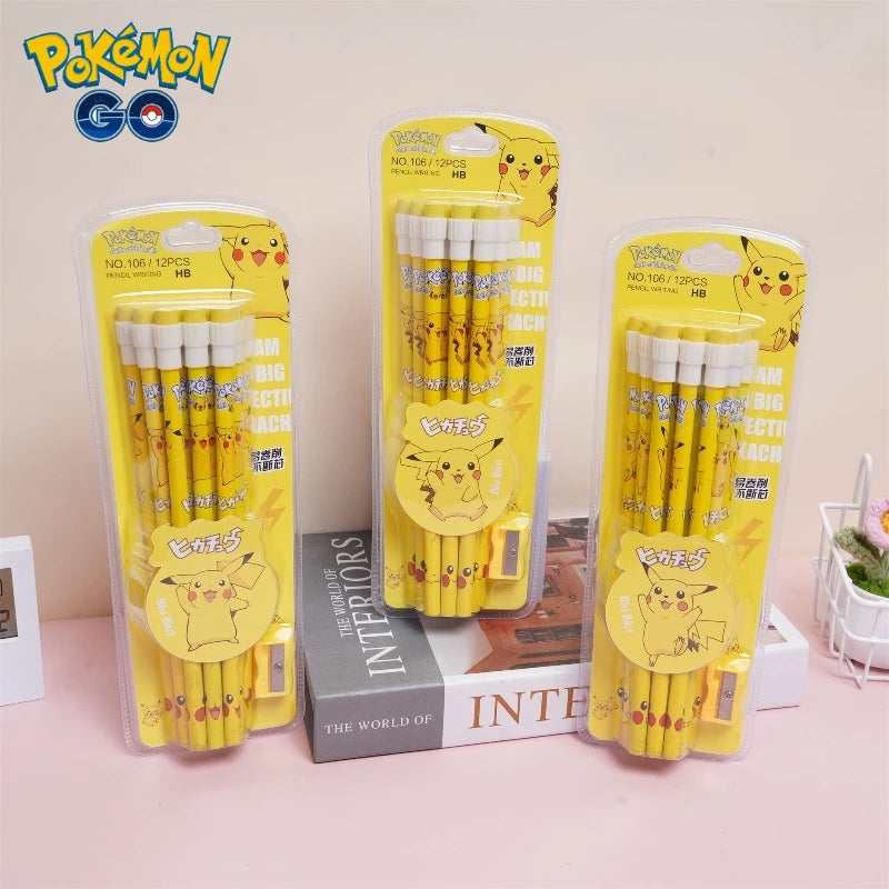 Pokemon Themed Stationery Set 12Pcs Boxed Pencils with Eraser Pencil Sharpener Anime School Office Tools Children Kawaii Gifts