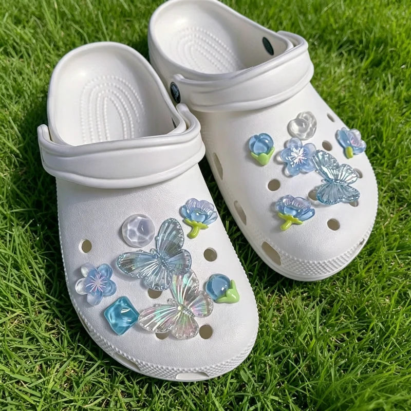 Blue Gradient Butterfly Resin Shoe Charms Iridescent Jelly Ornaments DIY Hole Sandal Decor Cute Summer Gift for Girls Women Kids