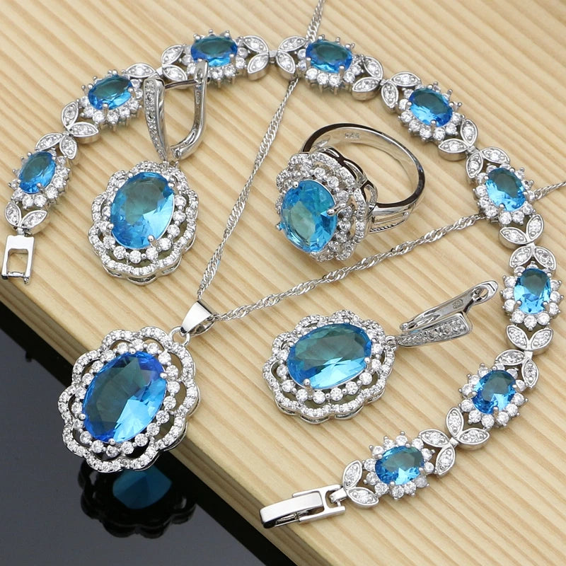 Women Silver 925 Costume Jewelry Sets Natural Black Stones Earrings Fashion Jewelry Gift for Her Party Bracelet Necklace Sets