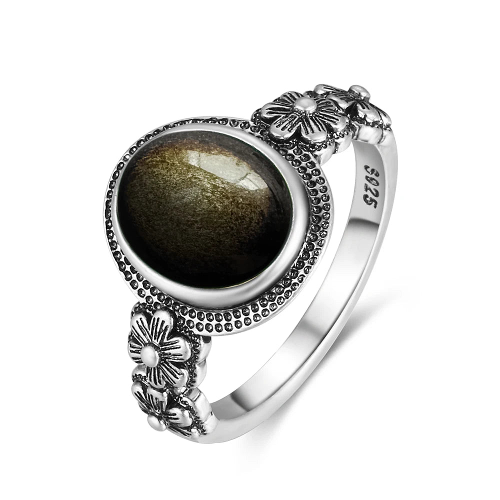 Vintage S925 Sterling Silver Ring Oval Round Natural Obsidian Ring Sun And Flower Shaped Retro Fine Jewelry For Women Men