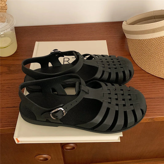XIXITIAO Vintage Hollow Woven Roman Sandals Women Summer Korean-style INS Fairy Flat Closed-toe Jelly Beach Shoes