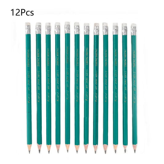 12 Pieces/Set HB Plastics Lead Pencils with Eraser Students Writing Sketch Drawing Wood Pencils for Children