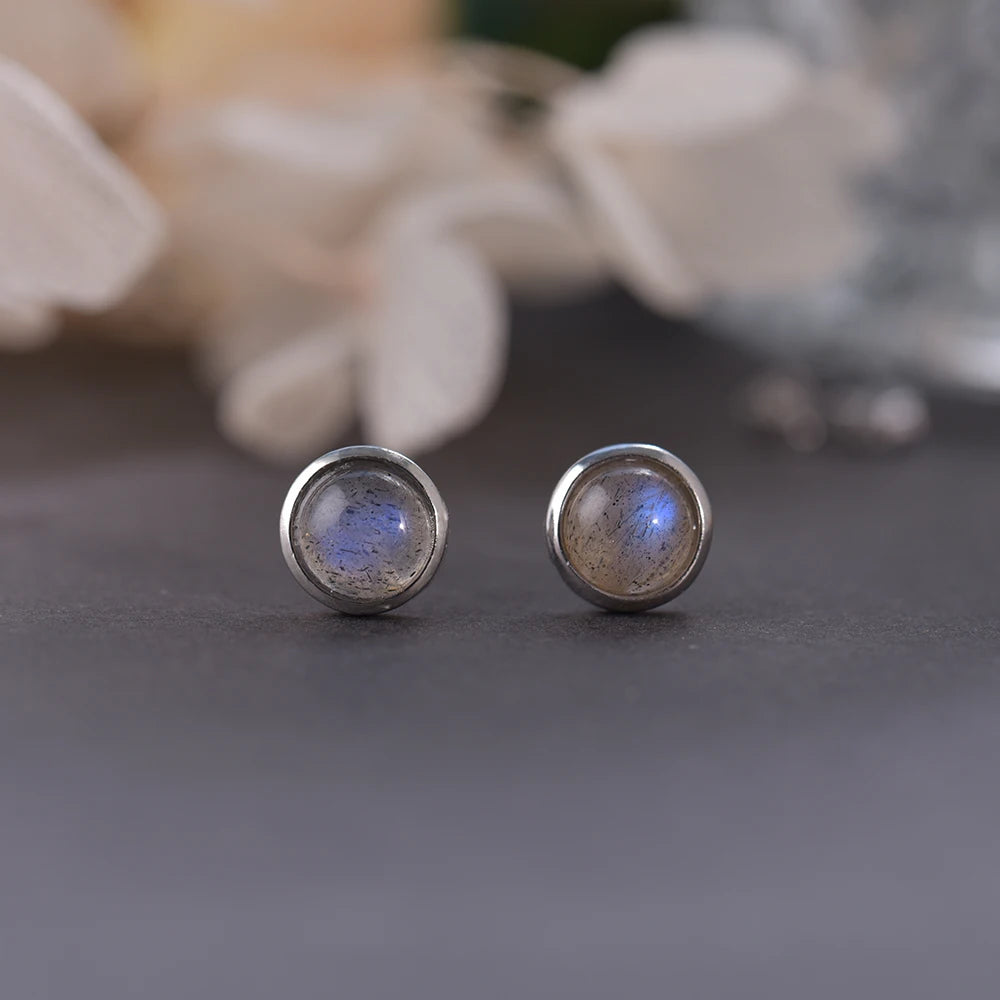 ITSMOS Geometric Labradorite Sterling Silver Earrings Round Retro Natural Gemstone Studs Luxury Wedding Jewelry for Women