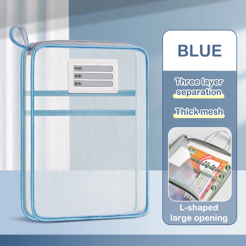 〔R〕A4 Stationery Storage Bag Double-layer Mesh Zipper Bag Large Capacity Organizer Folders School Office Supplies Stationary Bag