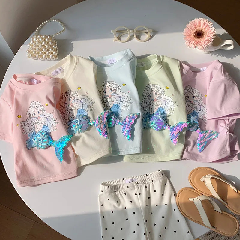 2-10T Mermaid Girls T Shirt Summer Toddler Kid Baby Clothes Short Sleeve Infant Princess Tee Top Loose Childrens Tshirt Outfit