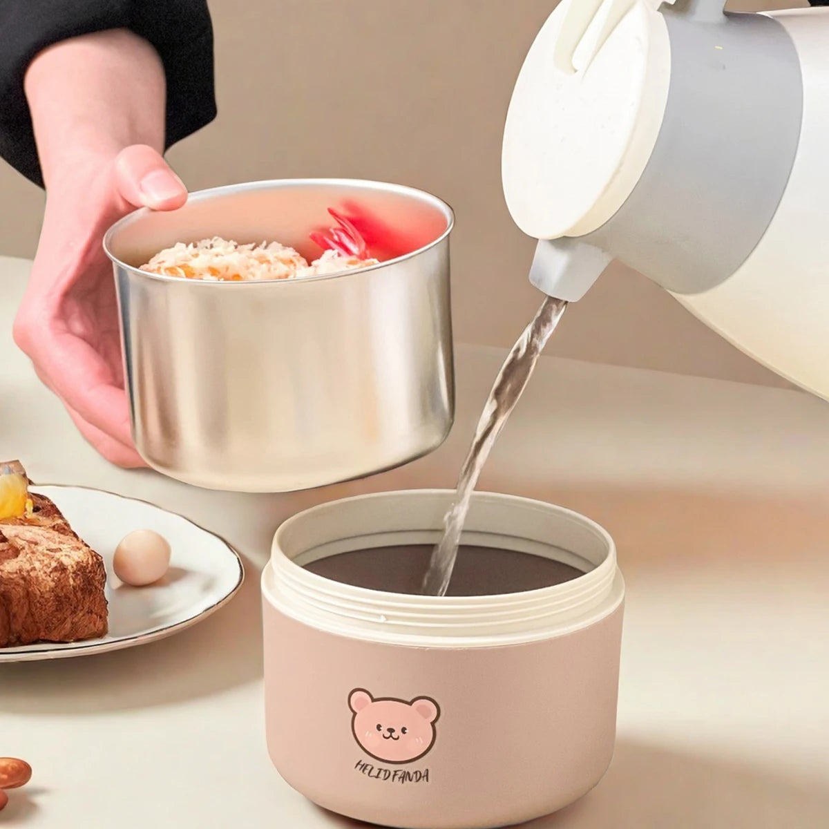 WORTHBUY Portable Cute Bear 304 Stainless Steel Insulated Bento Lunch Box Microwave Sealed Lunch Container For Kids  Students
