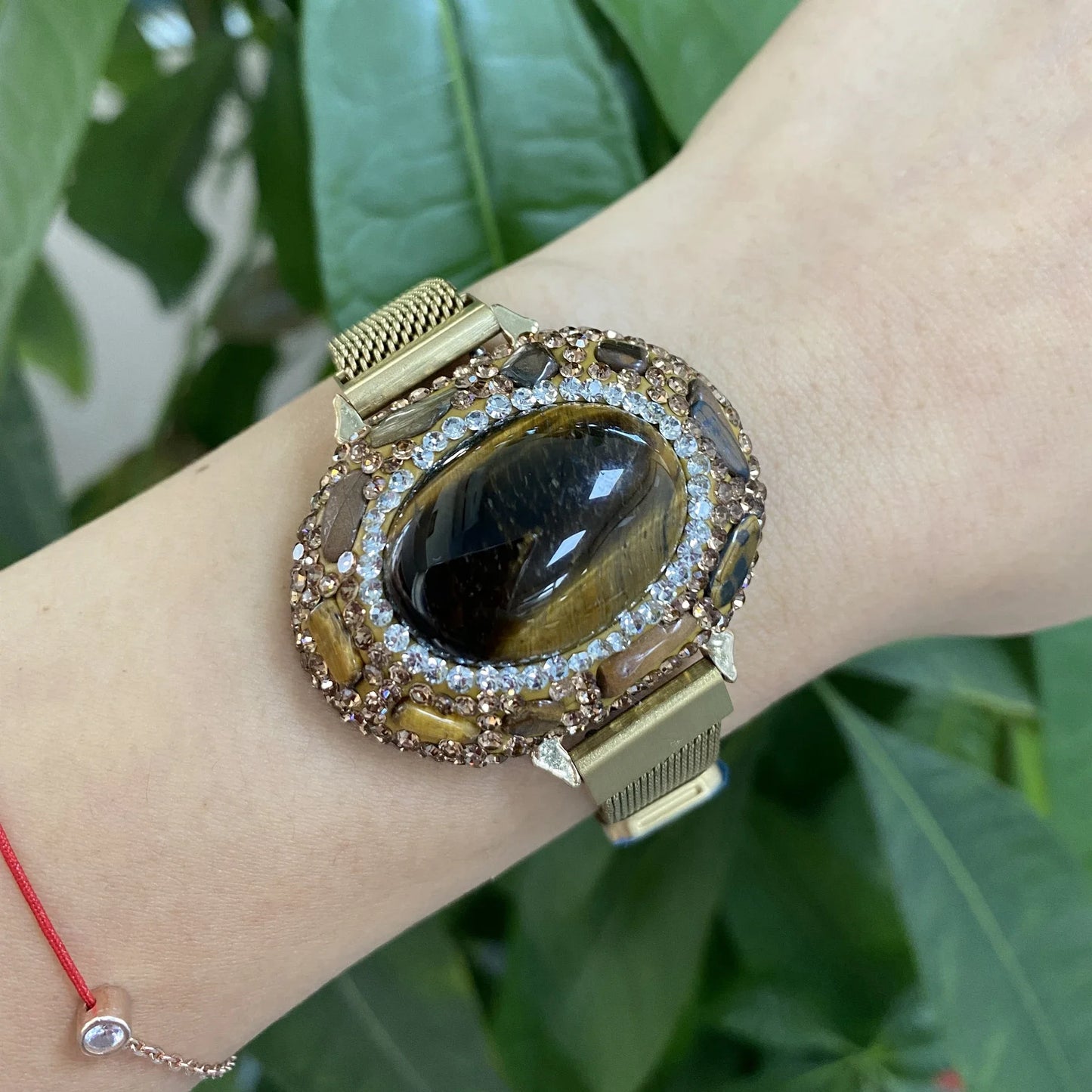 Tiger's Eyes Quartz Stone Stainless Steel Belt Chain Bangles Natural Tourmaline Crystal Bracelet for Gift Women Party Wedding
