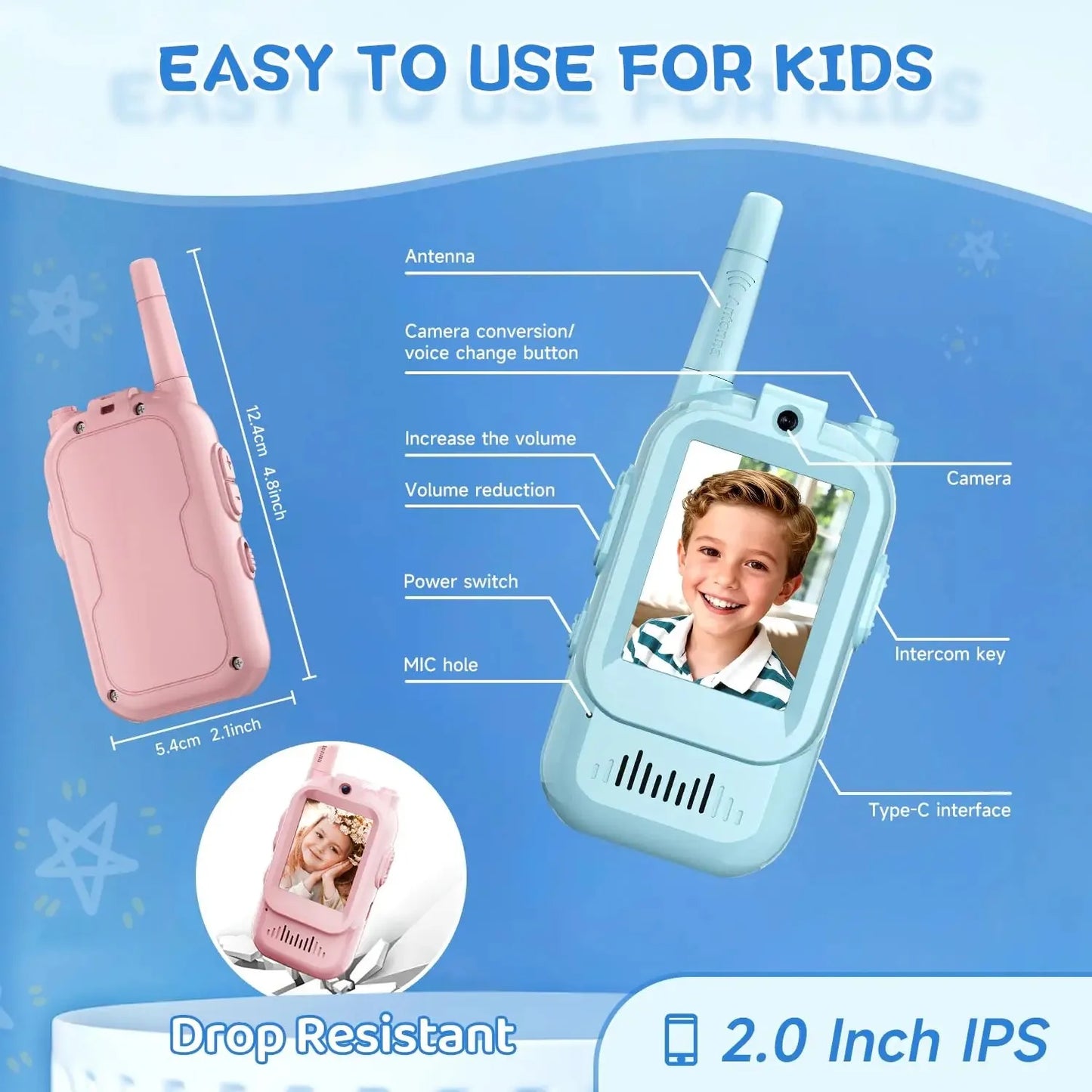 Video Walkie Talkies for Kids 2 Pack Rechargeable Intercom Walkie-talkie Cute 2 Inch Screen One-Click Call Child Video Intercom