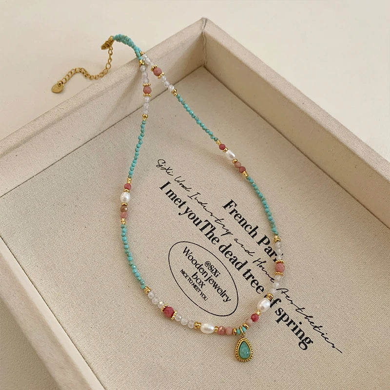 Natural Stone Pearl Bead Chain Water Droplet Pendant Necklace 2025 Fashion Jewelry For Women's Sexy Collarbone Chain Accessories