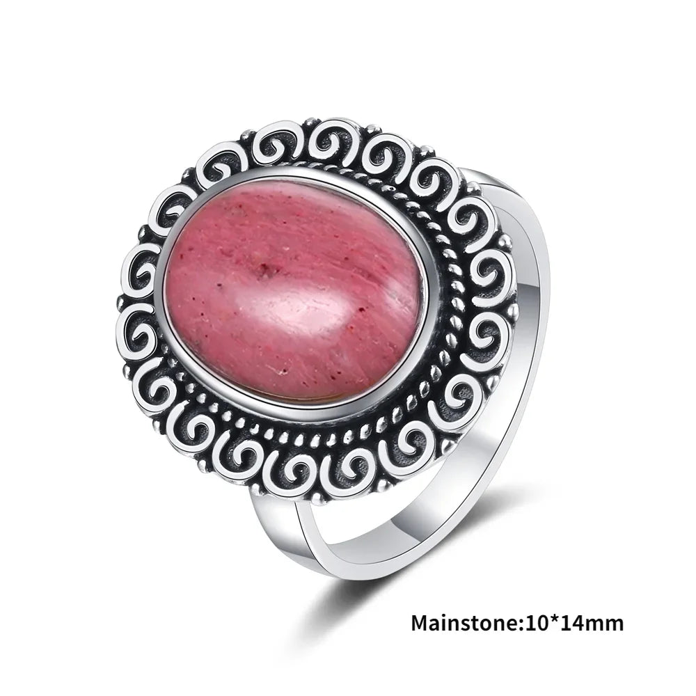 Natural Rhodochrosite Rings Women's S925 Silver Jewelry Ring Gifts Vintage Fine Wedding Ring