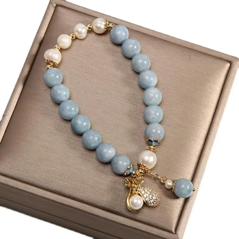 Aquamarine Fu Dai Pearl Bracelet - Chinese Lucky Symbol Jewelry
