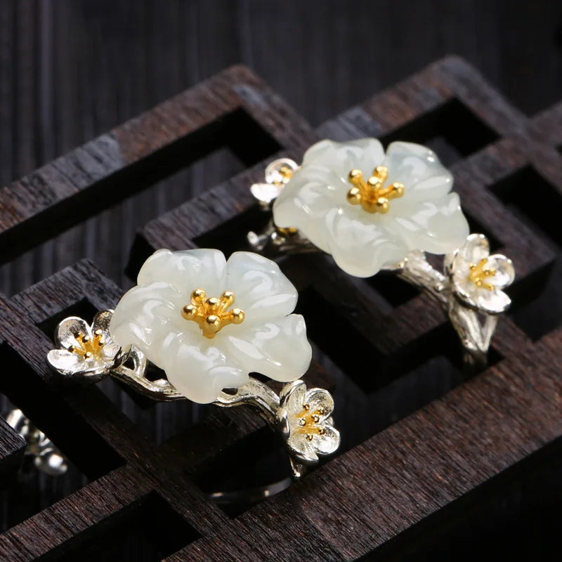 Natural Hotan Jade plum blossom jewelry sets Elegant and luxurious ring earrings for women S925 silver wedding accessories