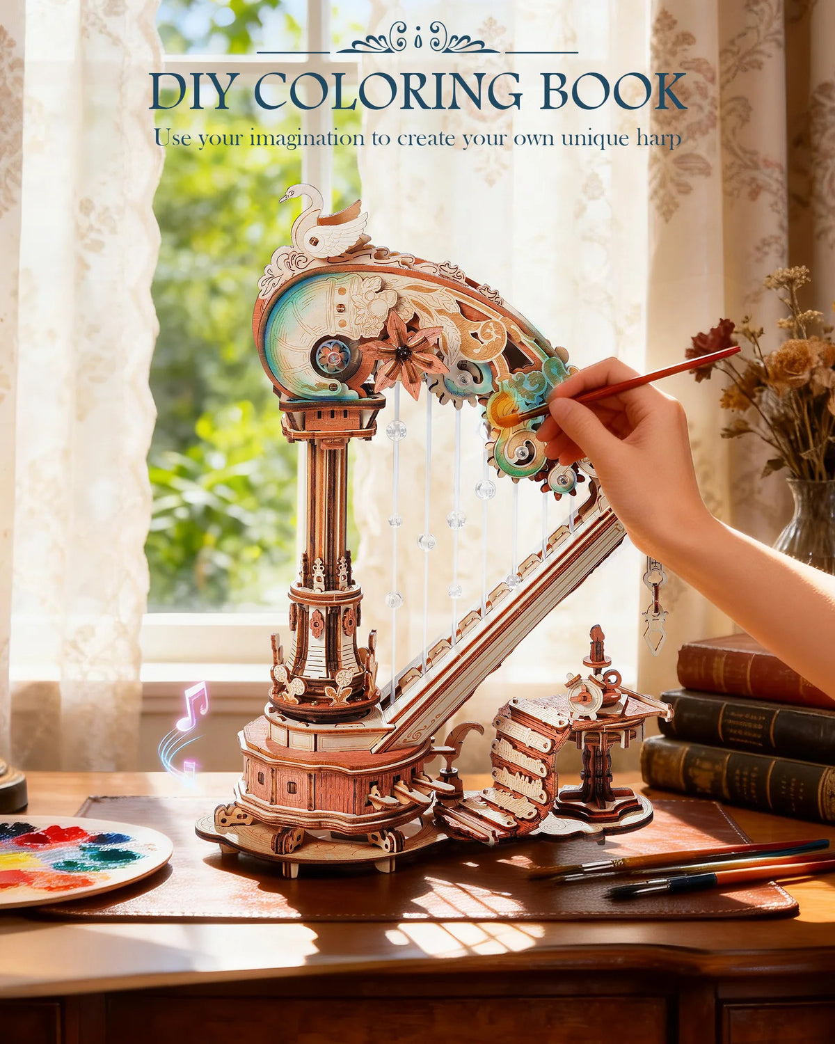 ROKR Magic Harp Music Box Wooden 3D Puzzle 350-Piece DIY Mechanical Model Building Kit for Home Desk Bookshelf Decor Gift for Adults Kids