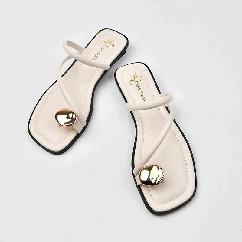 2026 New Summer Women Sandals Black Flat Slippers Gold Metal Button Decor Open Toe Slide Shoes Elegant Outdoor Beach Flip Flops