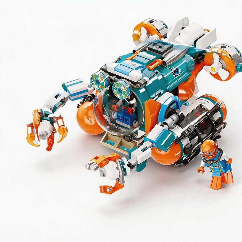 STEM Ocean Exploration Submarine Building Blocks, Demining Squad Bricks Set with Working Claws, Educational Assembly Toy for Kid