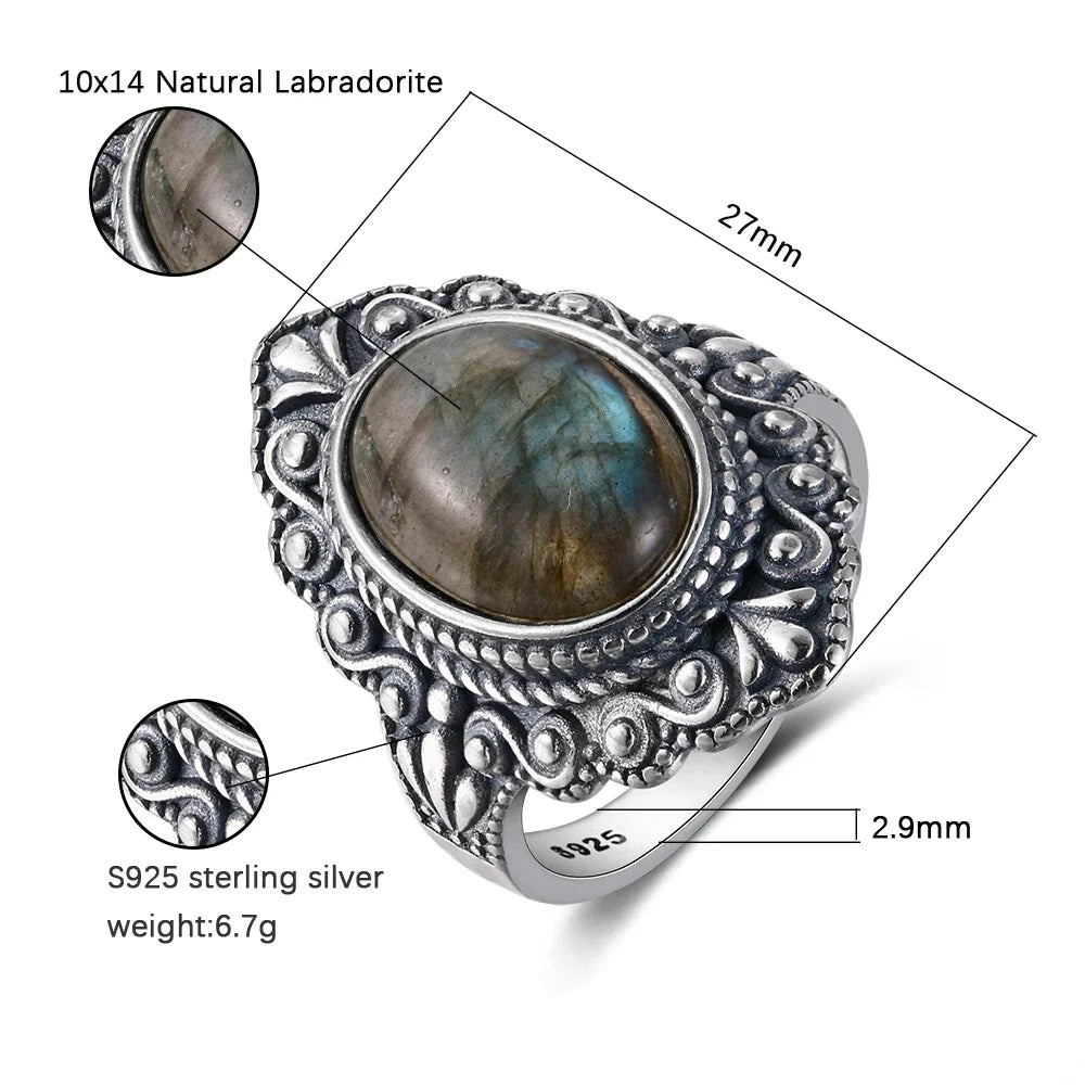 S925 Silver Ring Oval Natural Black Onyx Rings Finger Ring Retro Black Labradorite Fine Jewelry Party For Women Men