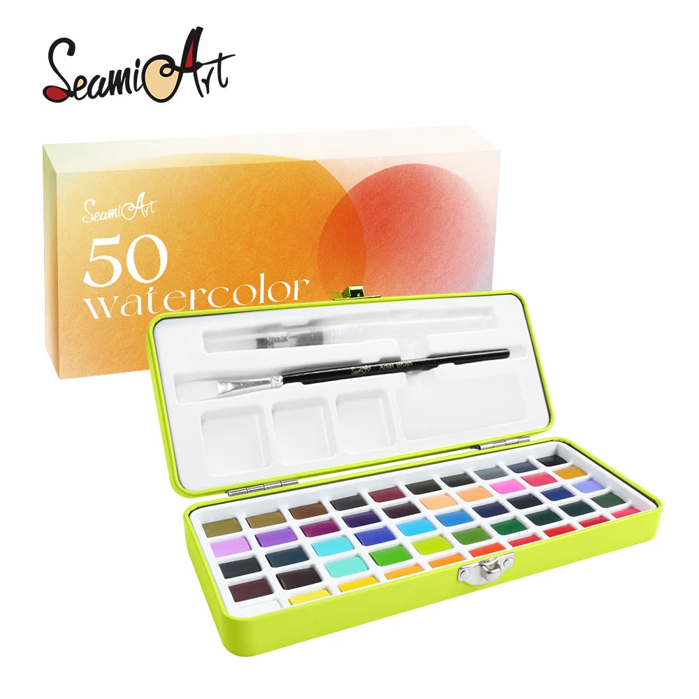 Seamiart 50/72/90/100 Color Solid Watercolor Paint Set Basic Neone Glitter Watercolor Pigments for Drawing Art Paint Supplies
