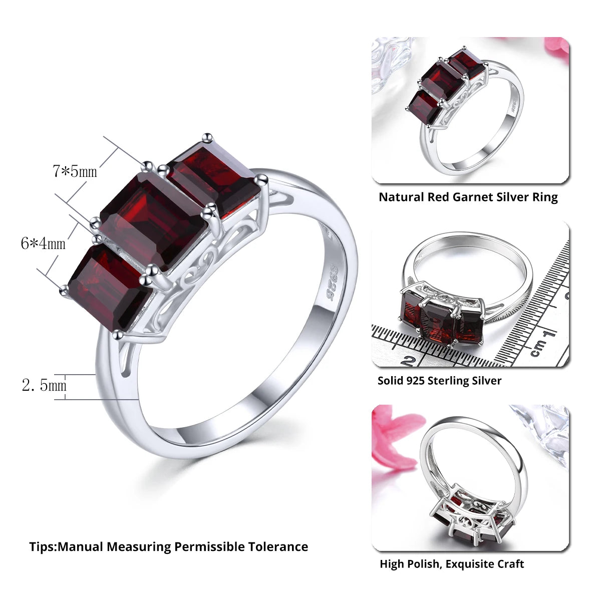 Natural Red Garnet Solid Silver S925 Ring 2.5 Carats Genuine Gemstone Classic Fine Jewelry Style Rhodium Plated Daily Decoration