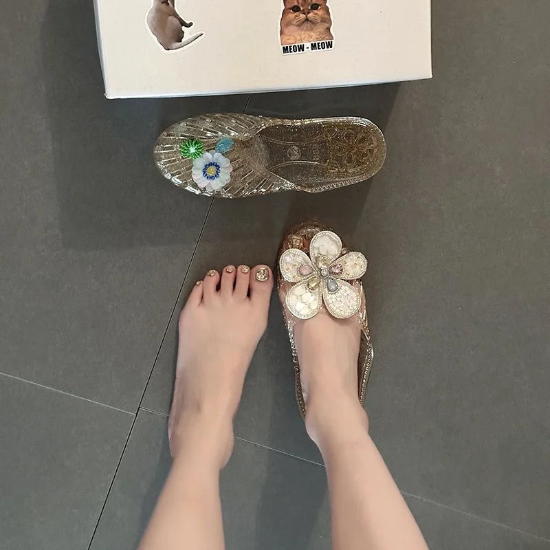 Summer Crystal Slip-On Flat Bottom Transparent Women's Sandals Outdoor Wear Flower Jelly Slippers Open-Toe Slippers Casual Shoes