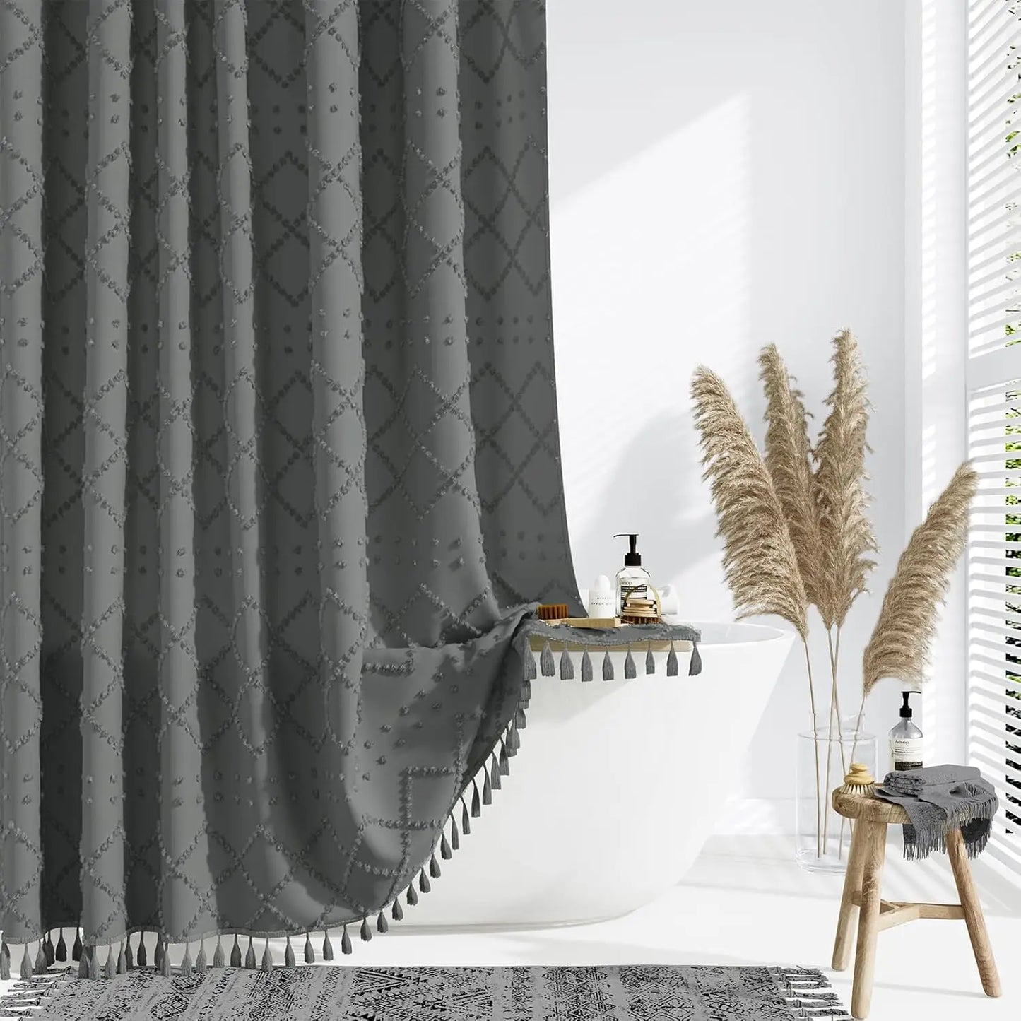 Soft Diamond-Patterned Shower Curtain - Waterproof  Fabric with Boho Tassels,12 Plastic Hooks Included for Modern Bathroom