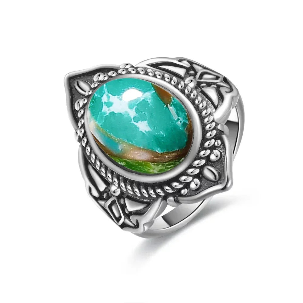 Vintage S925 Sterling Silver Ring with Oval Natural Emperor's Stone Flower Shape Hollow out Ring Fine Jewelry for Women