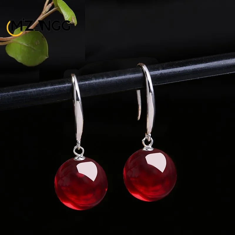Natural Chicken Oil Yellow Beeswax Round Bead Earrings New S925 Silver Red Amber Eardrops Luxury Classic Women's Jewelry Mascots