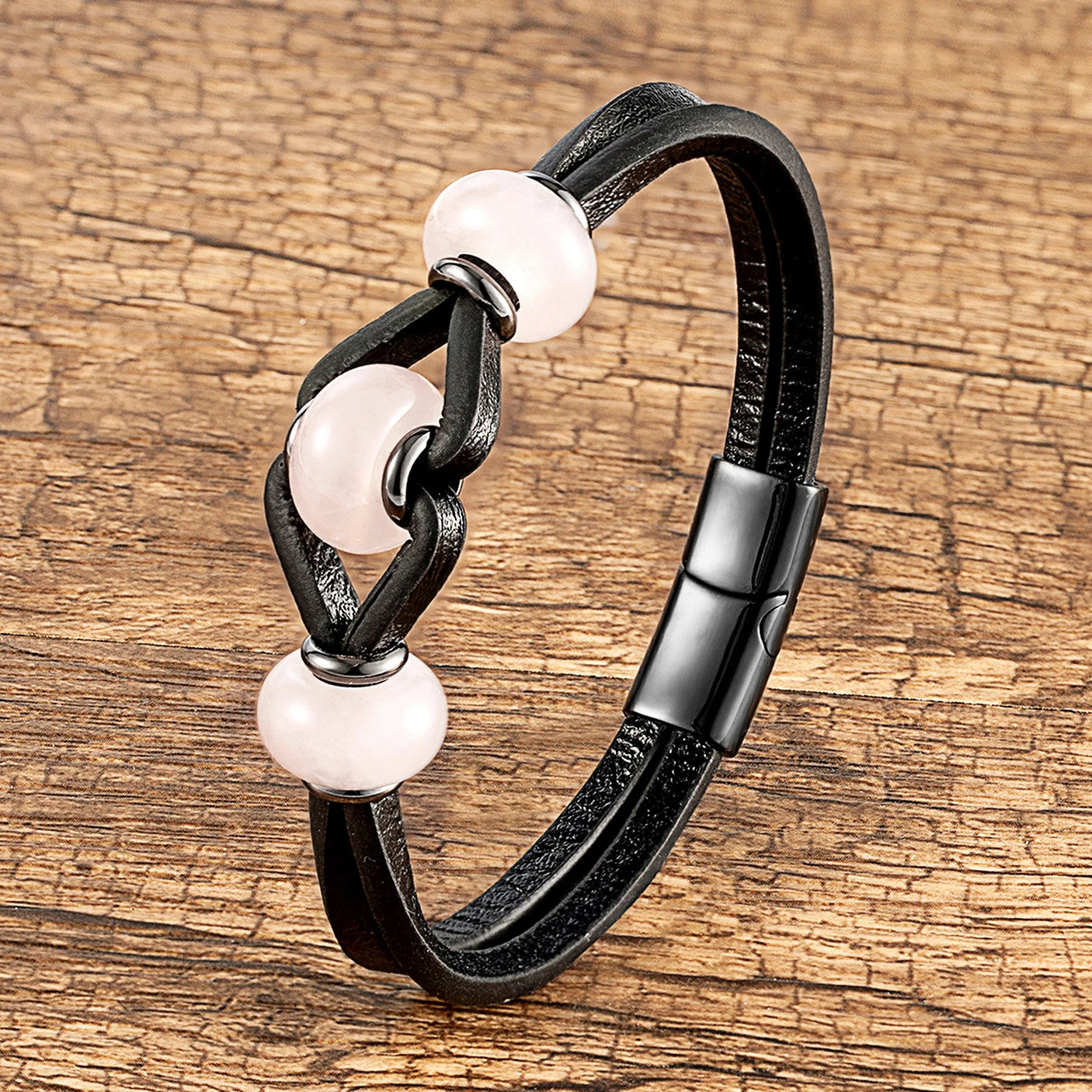 Round Natural Amethyst Crystal Stone Bracelet Women Charm Black Double Leather Rope Chain Stainless Steel Magnetic Men's Jewelry