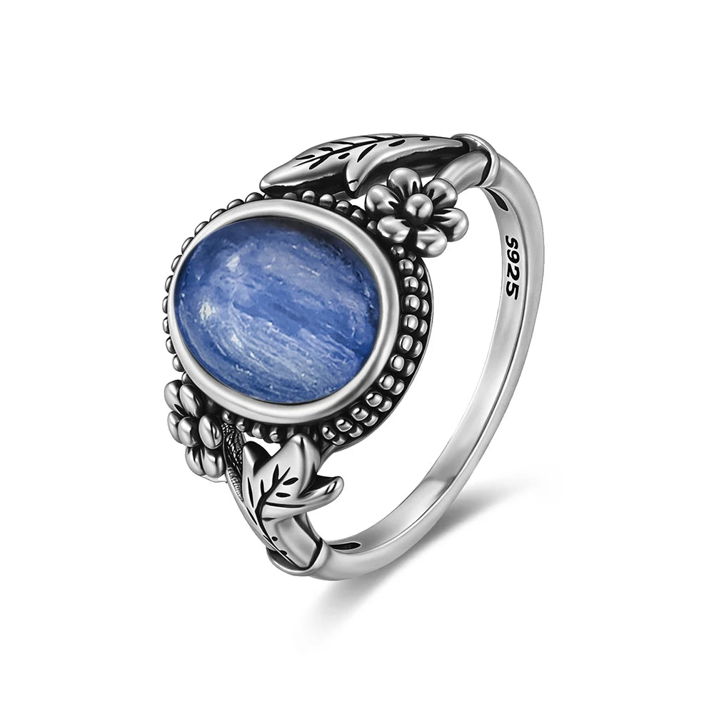 Vintage S925 Sterling Silver Natural 8*10mm Larimar Stone Ring Gift Flower leaf Shaped Moonstone Ring Fine Jewelry For Women