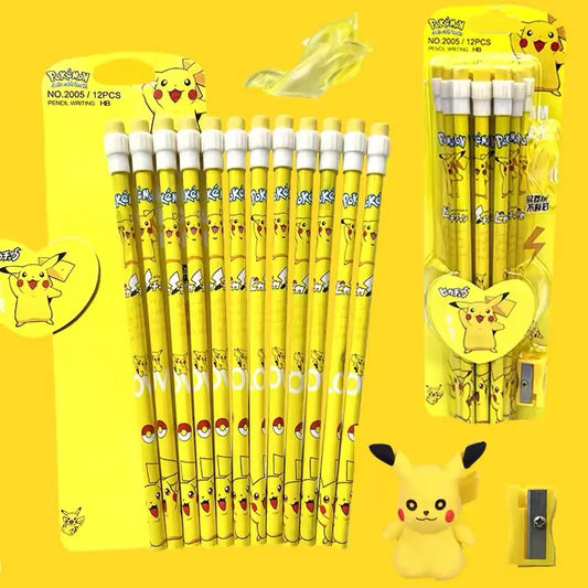 Pokemon Themed Stationery Set 12Pcs Boxed Pencils with Eraser Pencil Sharpener Anime School Office Tools Children Kawaii Gifts