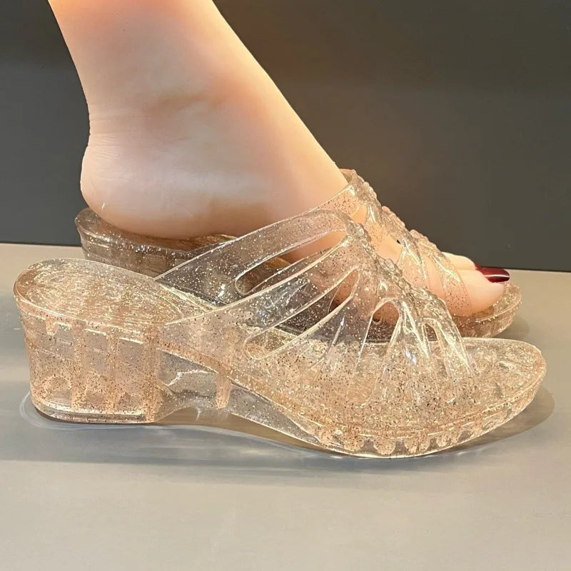 36-40 Women Slippers Summer Wedges Sandals Transparent Crystal Shoes Female Flip Flops Hollow Out Thick-soled Anti-slip Footwear