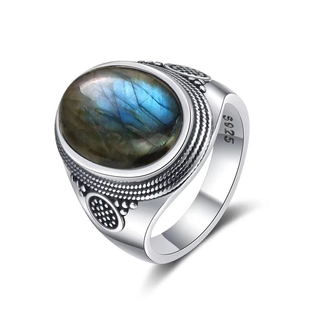 Vintage S925 Sterling Silver Natural labradorite Moonstone Ring 10x14MM Large Turquoise Lapis Retro Ring For Women Men