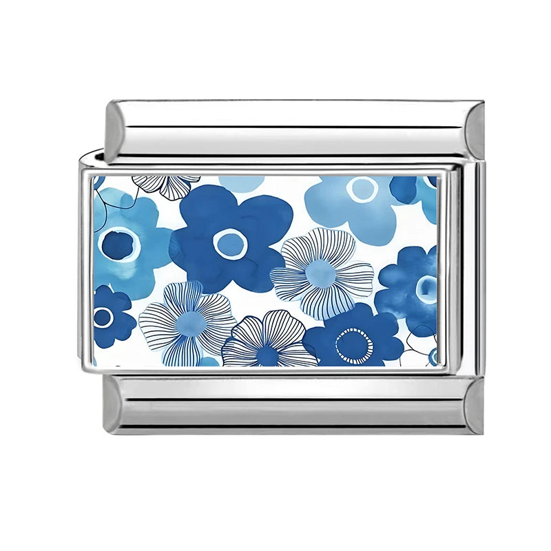 Wholesale Blue Series Beautiful Blue Flowers Italian Charms Fit 9mm Stainless Steel Women Fashion Bracelet DIY Jewelry Gifts
