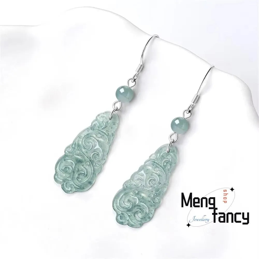 Natural A-goods Jadeite Blue Water Ruyi S925 Silver Inlaid Ice Jade Earrings Exquisite Elegant Simple High-grade Fashion Jewelry