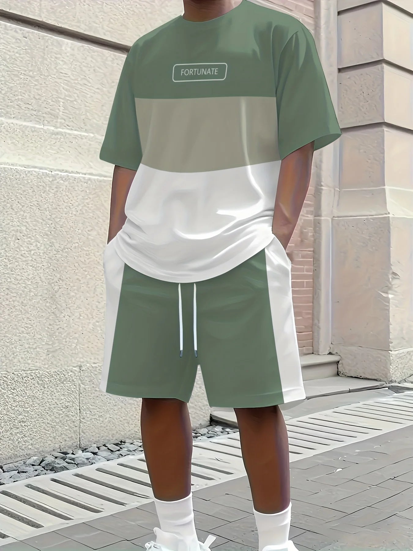 2026 Casual Men's Set Summer Apparel Color-Blocked Short-Sleeve Top Relaxed Drawstring Shorts Stylish Streetwear Ensemble
