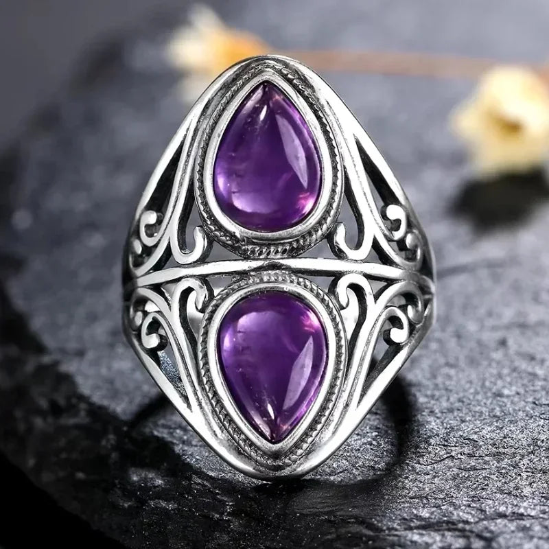 S925 Sterling Silver Vintage Ring With Natural Amethyst Two Stone Ring Waterdrop Shape Fine Jewelry Gifts for Women