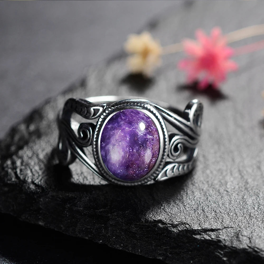 Natural 8x10MM Tiger's Eye Rings Vintage S925 Silver Finger Ring for Women Gift Luxury Rhodochrosite Stone Jewelry