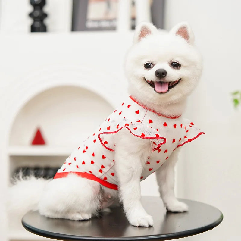 Thin Cooling Dog Vest Heart Flying Sleeves Dog Summer Clothes with D-Ring Chihuahua Bichon Girl Shirt Cat Vests Dog Mesh T Shirt