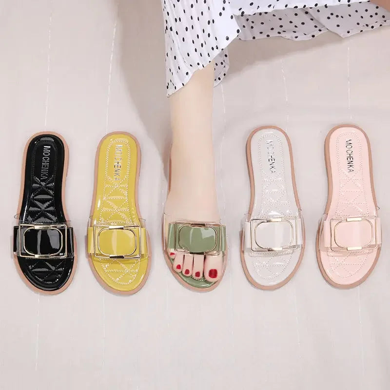 Slides Sandals Flat Home Open Toe on Word Outside Woman Slippers Shoes for Women Indoor House Footwear Easy Wears Waterproof Pvc