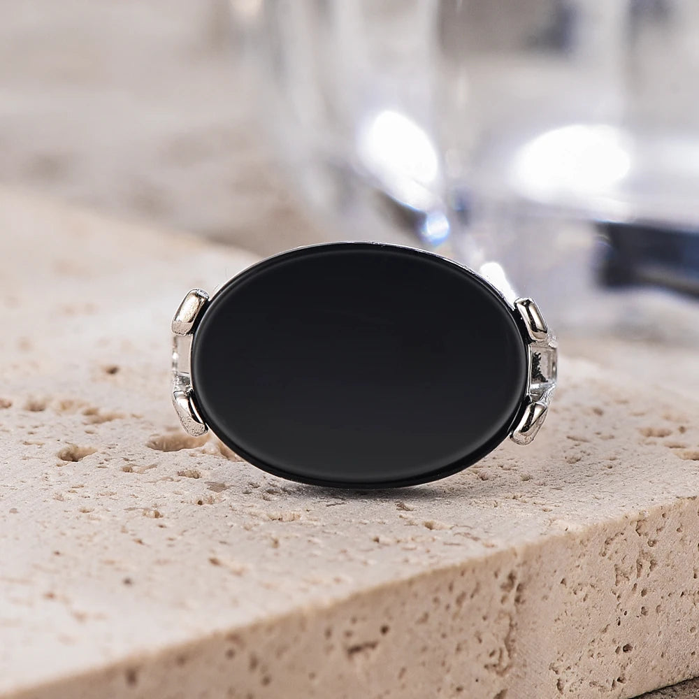 S925 Sterling Silver Natural Black Onyx Rings Oval Shape Turquoise Stone Not Fading Black Rings Fine Jewelry For Men