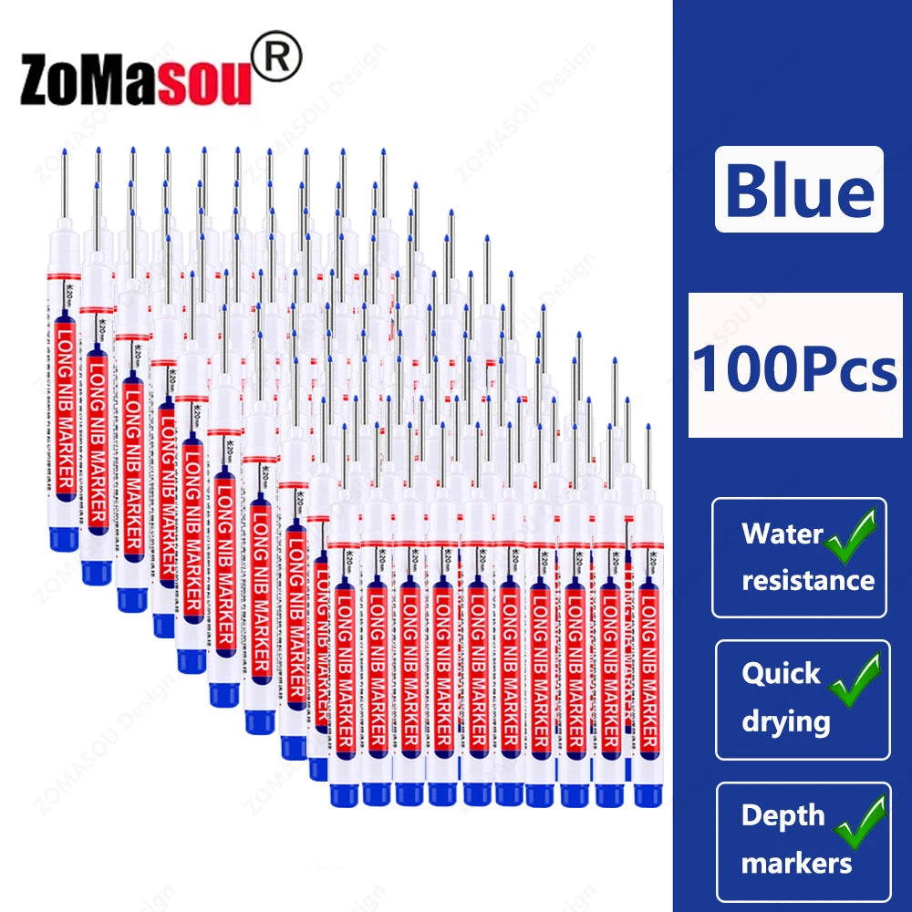 1-100Pcs 2cm Waterproof Long Head Markers Deep Hole Marker Pen for Metal Carpenter Red/Black/Blue/Green Ink Woodworking Tools