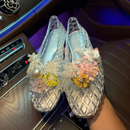 Women's Colorful Hollow Grid Flat Sandals Summer Ladies Flat Jelly Shoe DIY Non-slip Vacation Beach Shoes with Shoes Accessories